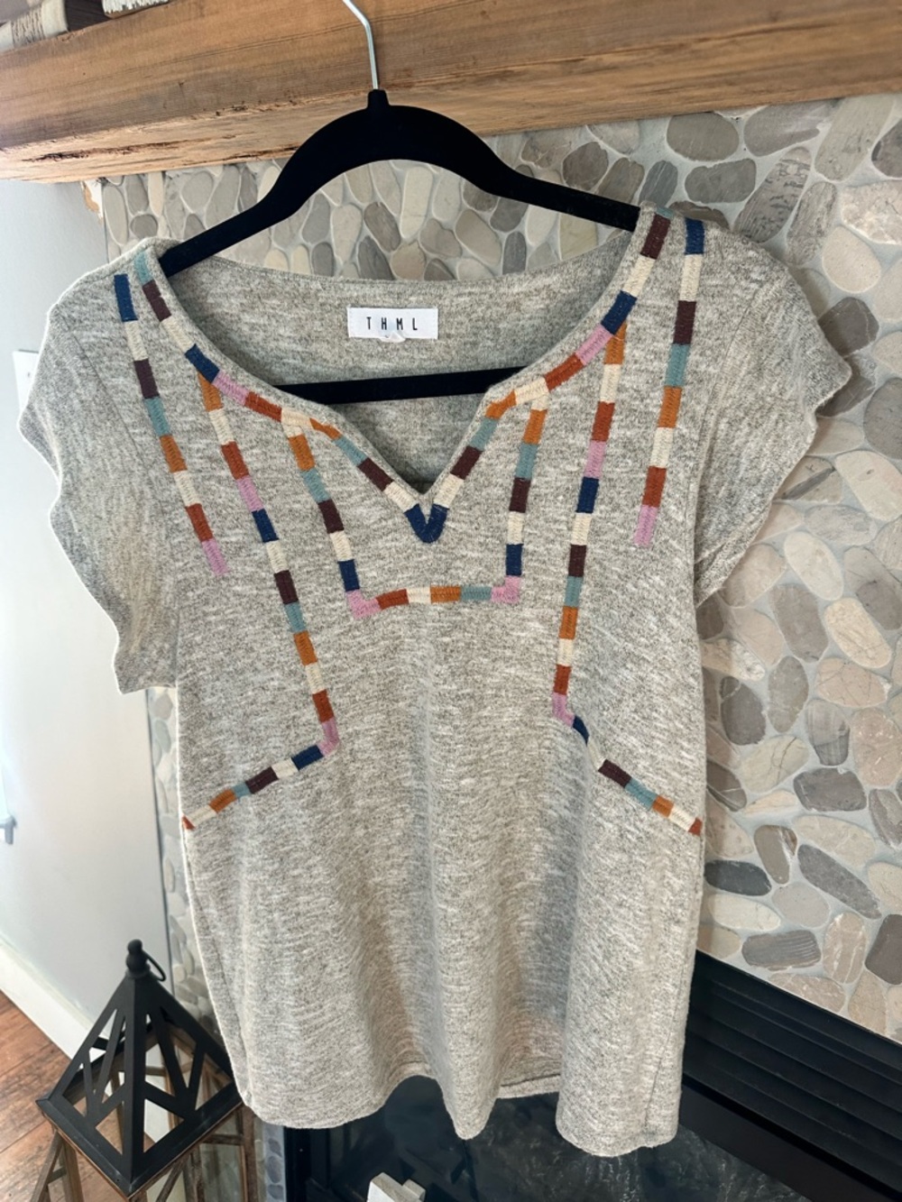 THML Heather Gray Short Sleeve Embroidered V-Neck Tunic